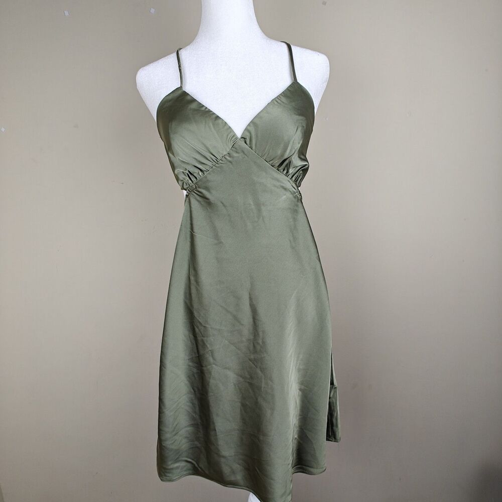 Topshop Cut Out Satin Dress Women's 6 Olive Green Summer Club